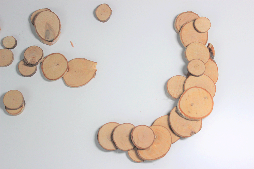 Holzscheiben für Türkranz Die Holzscheiben werden aneinander gelegt, um die Form des Türkranzes zu überprüfen.