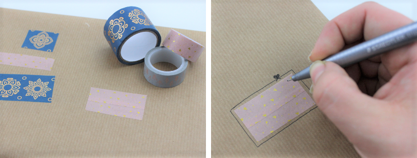 Das Washitape wird auf das eingepackte Geschenk geklebt und die Umrisse werden nachgezeichnet.