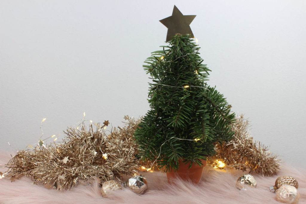 Kleiner Weihnachtsbaum aus Tannenzweigen in einem Terracotta Topf.