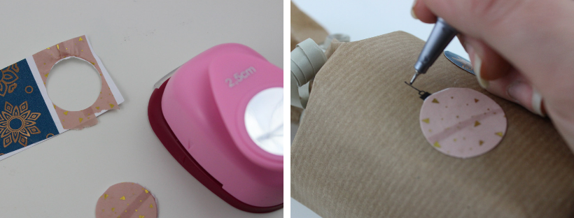 Washitape wird ausgestanzt und auf das Geschenk geklebt.