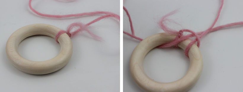 Tannenbaumschmuck selber machen Die Wolle wird an den Vorhang Ring gebunden und daraus entsteht ein schöner Aufhänger für den Weihnachtsbaum.