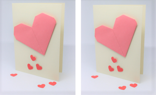 Valentinstagskarte mit selbst gefaltenen Herzen.