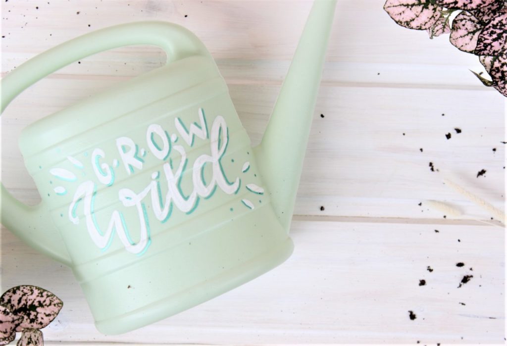 Beletterte Gießkanne als Deko und Hilfsmittel für den Balkon.