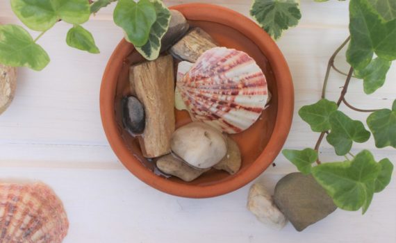 Selbst gemachte Bienentränke aus einem alten Terrakotta Untersetzer im modernen Boho Stil.