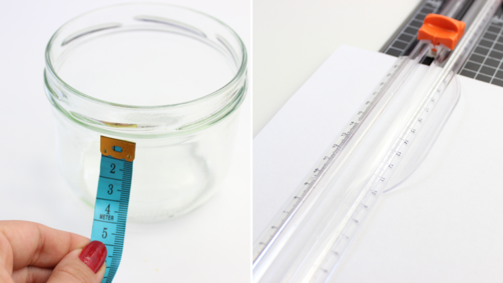 Es wird ein breiter Papierstreifen als Hilfe für das Upcycling Projekt zugeschnitten.