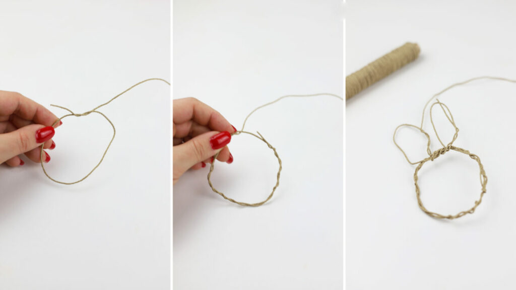 Aus Papierdraht wird ein kleiner Hase gebogen für den DIY Osterkranz.